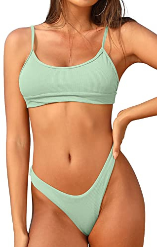 SHEKINI Costumi da Bagno a Costine Bikini Brasiliano Fascia Imbottita Pantaloni Perizoma High Cut Bikini SGAMBATO (Verde Chiaro, S)