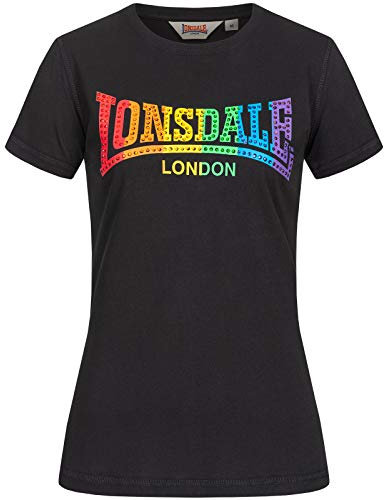 LONSDALE - HAPPISBURGH T-shirt nera da Donna con Maniche corte. Grafica a Colori. Street Fashion per Donne e Ragazze.