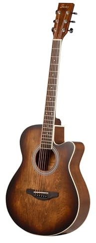 Fazley ColourTune Electro-Acoustic Guitar - Brown Matte Satin Finish - Built-in Preamp and Tuner - Comfortable Cutaway Body for Beginners