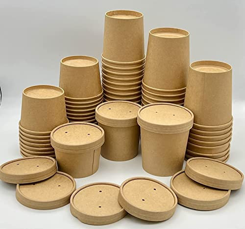 HOT BARGAINS 25 X 16oz Brown Kraft Disposable Soup Cups Containers with Lids of Paper Soup Bowls Size of 8oz, 12oz & 16oz Takeaway 16OZ