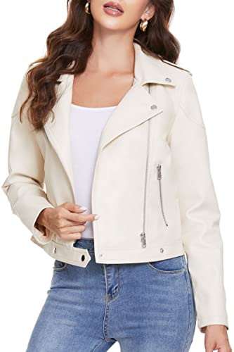 Fahsyee Women's Faux Leather Jackets, Zip Up Motorcycle Short PU Moto Biker Outwear Fitted Slim Coat White Size M