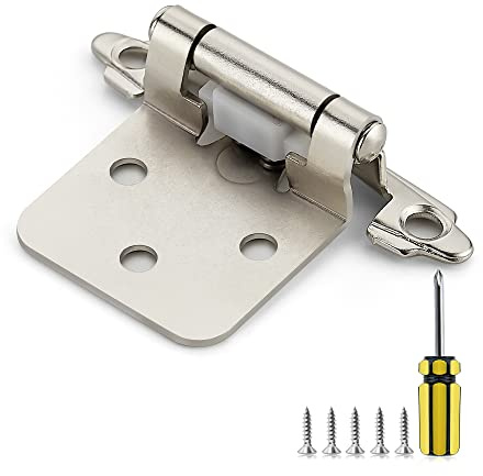 Ravinte 50 Pack 25 Pairs 1/2 Inch Overlay Cabinet Door Hinges Kitchen Satin Nickel Semi-Concealed Face Mount Self-Closing Cabinet Hinges with Bumpers & Screwdriver