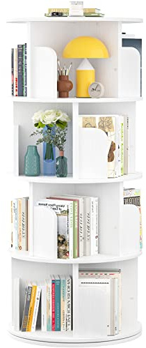 Aheaplus Rotating Bookshelf, Small Corner Bookshelf for Small Space, 360 Display 4 Tier Floor Standing Bookcase Storage Rack, Wood Narrow Book Shelf Organizer for Bedroom, Living Room, White