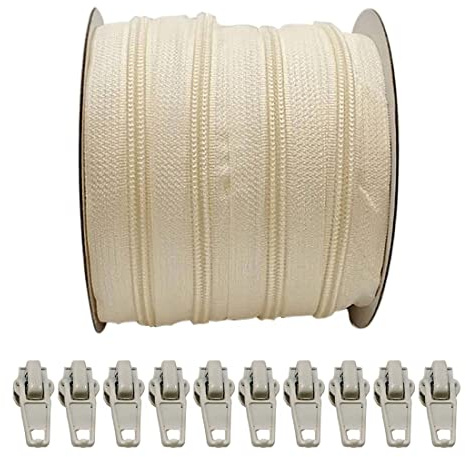 25 Metros Rollo de Cremallera Continua de Nylon + 10 Cursores Deslizadores Automáticos de Metal 5#, para Coser Ropa, Cremallera por Metros, (25 metros + 10C, Crema 103)