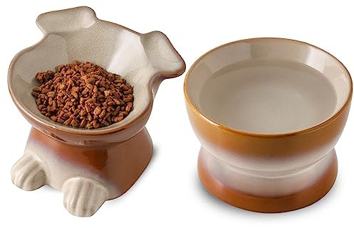 Nihow Hundenapf & Wassernapf Set:Erhöhte Keramik-Hundenäpfe für mittelgroße/kleine Hunde - lebensmittelechte erhöhte Welpennäpfe - Brauner Haustiernapf zum Schutz der Wirbelsäule des Haustiers (2er