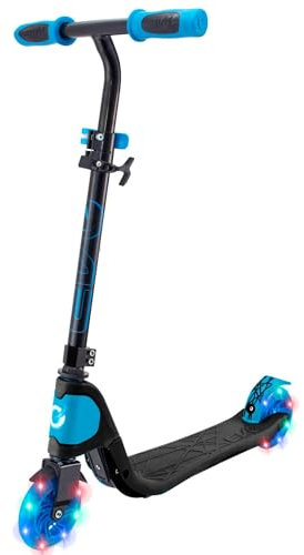 EVO Light Speed Kinderroller Schwarz & Blau | Zweiradroller mit Leuchträdern | Leicht klappbarer & arretierbarer Scooter mit höhenverstellbaren Griffen | Junior Roller 5-12 Jahre.