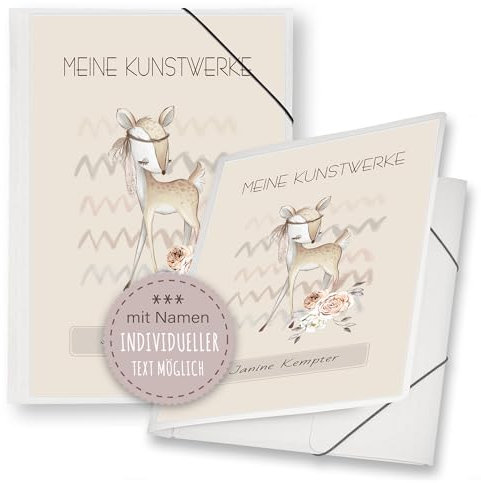 Zeichenmappe A4 oder A3 Kindergarten Mappe personalisiert mit Namen Bambine Reh - Meine Kunstwerke Erinnerungsmappe Sammelmappe Mädchen