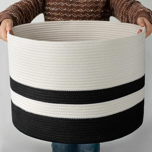 COSYLAND Panier à Linge 112L en Corde de Coton, Corbeille à Linge Sale avec Poignées 56x56x36cm, Bac de Rangement pour Vêtements, Jouets, Serviettes - Pour Chambre ou Salle de Bain - Noir