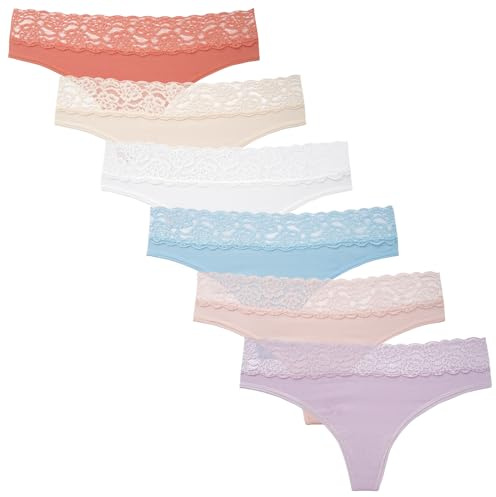 INNERSY Thongs for Women Underwear Lace Trim Hipster G String Thong 6 Pack | Soft Cotton High Leg Knickers, Elegant Feminine Waist Detail, Sexy Delicate Ladies Panties, Tag-free, Sport, Date, Daily Wear