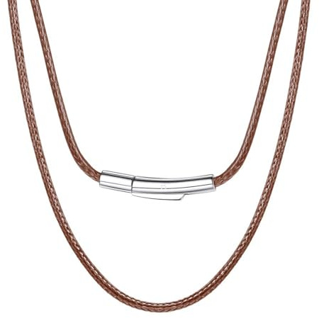 HSWYFCJY Cadena De Cuero Hombre 2mm Collar Cuero Mujer Marrón Acero Inoxidable Cadenas Hombre De Goma 76cm Colgante Diy Joyería