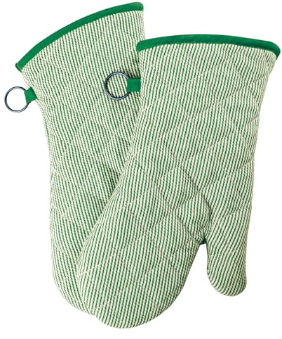 1 Pair Yarn Dyed Oven Mitts 100% Cotton Heat Resistant 470 Degree Gloves Men Women Cooking Baking Barbecue BBQ Microwave Crafting Machine Washable Pot Holders Mittens (Green)