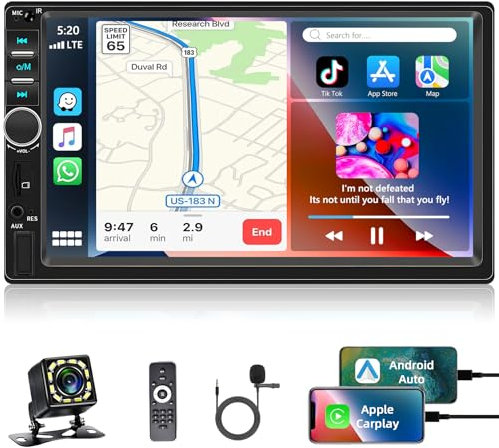 Podofo 2 Din Autoradio Bluetooth con Carplay Android Auto, 7 Pollici Doppio Din Radio Auto con Schermo, Stereo Auto Supporto MirrorLink/FM/USB/AUX/EQ/SWC/7 Colori Retroilluminazione + Telecomando