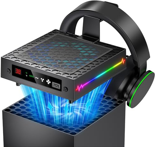 LED Display Automatisch Lüfter für Xbox Series X mit 9 RGB Licht Modi, Kühlsystem mit 4-Modus für Xbox Series X Konsole, Kühler Schalter Licht Schalter, Headset Haken, USB Port, Staubfilter für Xbox X