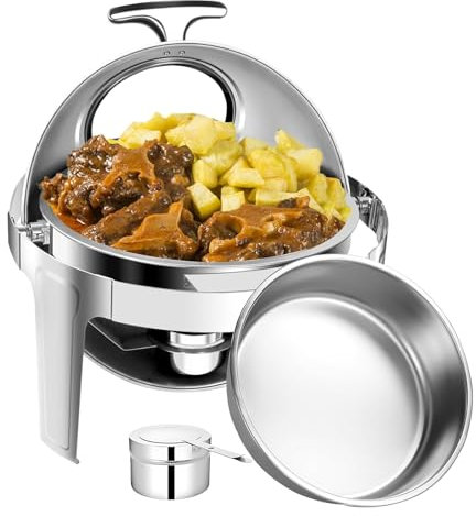 Roll Top Chafing Disk Buffet, 6L elektrisk Chafing Disk Matvärmare med synligt lock och bränslehållare, Catering Buffet Pan Set, rostfritt stål för catering fester banketter