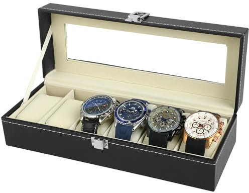 Porta Orologi Antipolvere - Porta Orologi a 6 Posti - con coperchio in vetro - imbottitura removibile - finitura nera e fodera beige - ideale per riporre gli orologi