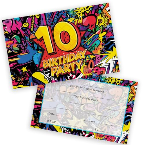 Stuff4 10th Birthday Party Invitations Kids, Comic Book Style 28 Pack | Childrens Birthday Invitations for Boys/Girls A6 Bday Party Invites Invitation Cards with Folding Envelopes
