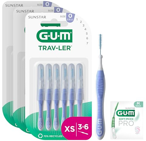 GUM TRAV-LER Scovolini interdentali | manico flessibile | pulizia profonda tra i denti e rimozione della placca | 0.6 mm, ISO 0 | Taglia XS | Confezione 3x6 (+ 1 campione omaggio)