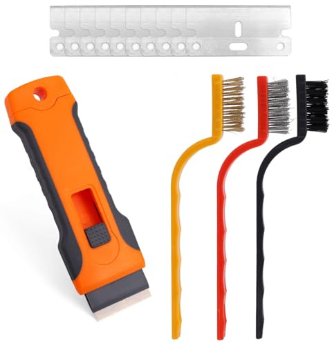 Razor Blade Scraper Tool Set, Stovetop Scraping Razor Tool with 3 Wire Brushes & 10 Blades for Cleaning Kitchen Ovens Stove Top Glass Windows