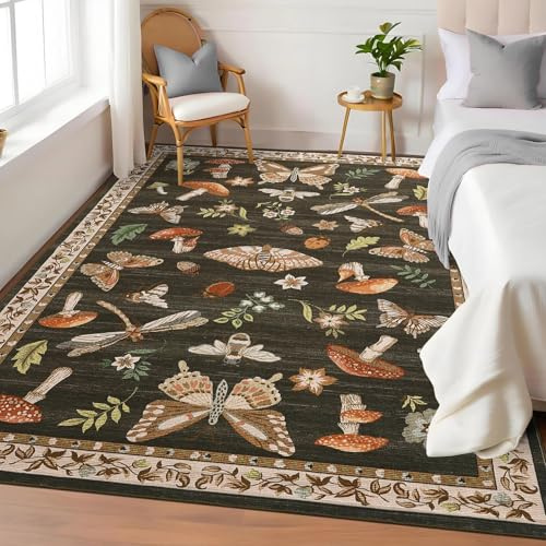CAROMIO Washable Mushroom Butterfly Rug 120x170 cm for Bedroom Dark Brown | Nature-Inspired Dragonfly Design, Non-Slip, Low Pile Carpet, Nursery Kids Room, Living Room, Dorm, Playroom