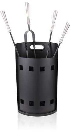Relaxdays Set 5 Accessori per Camino in Secchio, attizzatoio, Pala, Scopa, Pinza, 63x25x15 cm, Nero/Silver