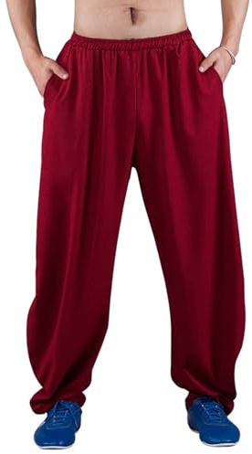 Crysterris Tai chi Pants Women, Cotton and Linen Kung Fu Suit Bottoms for Men, Lightweight Martial Arts Trousers with Pockets(Size:M,Color:Red)