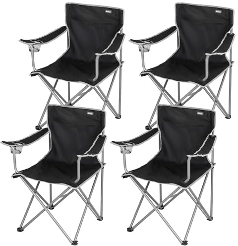 AKTIVE Lot de 4 chaises pliantes de camping, noires, structure en acier, siège en polyester, porte-gobelet intégré, 48 x 45 x 80 cm, charge 100 kg