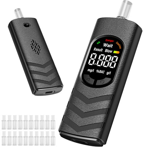 FONCOOD Alcohol Breathalyser UK, 0-0.300% BAC Range, 100 Groups Data Storage, 20 Disposable Mouthpieces,High Precision Drink Tester with LCD Screen for Drivers, Home & Party (Batteries Not Included)