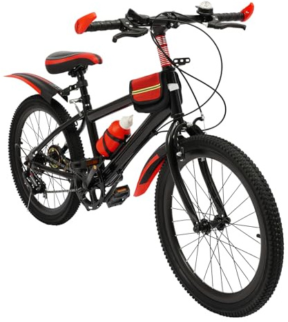 Steeviuzj 20 Inch Children Mountain Bike, 7 Gang Speed Sport Bicycle with Fenders, Water Bottle and Compass, Height Adjustable Road Bike for 130-150CM Tall Children, Max 85KG (Black + Red)