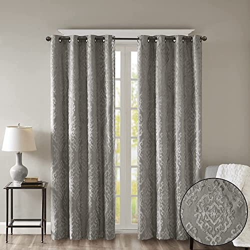 Sun Smart 100% Total Blackout Single Window, Knitted Jacquard Damask Room Darkening Curtain Panel with Grommet Top, Polyester, Charcoal, 50 x 108 in