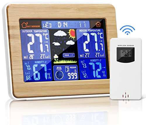 Viitech Station Météo Numérique Sans Fil avec Capteur, Hygromètre Thermometre Interieur Exterieur avec Temps Température Humidité Baromètre Réveil, Alimente par Pile et AC