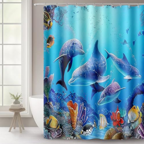 WOWTOY Shower Curtain with 12 Hooks, Waterproof Polyester Fabric Bathroom Bathtub Shower Curtain Liner, Weighted Hem, Washable, Quick Dry (180 x 200cm, Ocean 03)