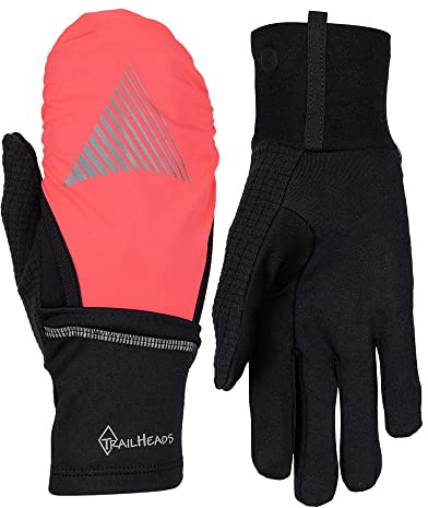 TrailHeads Convertible Running Gloves, Black - Bright Coral, Medium/Large