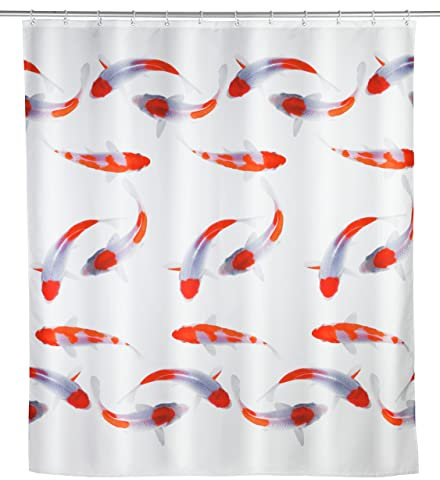 WENKO Duschvorhang Nagoya, 180 x 200 cm, Vorhang aus 100% Polyester mit Metallösen & Gummi-Gewichtsband für Dusche und Badewanne, wasserabweisend & waschbar, inkl. 12 weißen Duschvorhangringen