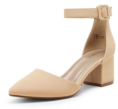 DREAM PAIRS ANNEE Pointed Toe Low Chunky Heels Pump Shoes,Size 7.5W,Nude-Nubuck,ANNEE-W