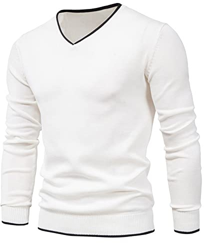 Feziakuk Maglione Uomo con Scollo a V, Maniche Lunghe, Autunno Inverno, Basic, Caldo, Maglione da Lavoro, Tops, bianco, L