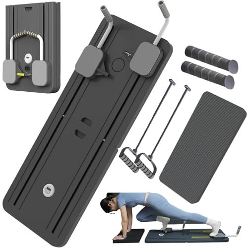 ExeractFit Pilates reformer-maskin, brädset, magrulle, övningshjul, automatisk återstudsning, vikbar pilatesbräda, magträningsutrustning med motståndsrep och timer(Svart med Grepp)