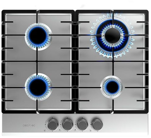 Cecotec Placa de Gas Butano y Natural 4 Fuegos Bolero Squad G 4200F Inox. 8000W. Acero Inoxidable, Parrillas Completas Hierro Fundido, WOK Triple Corona, Encendido Eléctrico, Sistema Seguridad