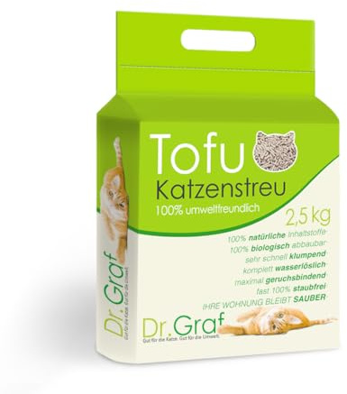 Dr. Graf Tofu kattströ, 100 % naturlig, innovativ klumpströ, luktfri, helt vattenlöslig, biologiskt nedbrytbar, dammfri, extremt absorberande och snabbtorkande (vikt: 2,5 kg)