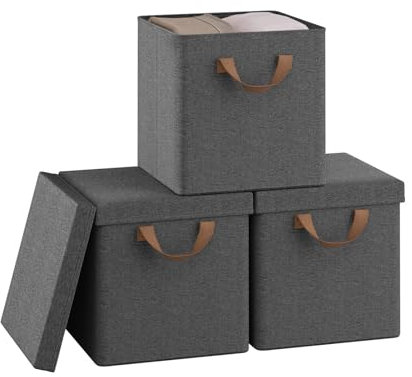 WOLTU Fabric Storage Boxes Set of 3, Folding Baskets with Lids, Handles, Metal Frame, Wardrobe Toy Organisers for Living Room, Bedroom, Office, Grey, 27x27x27cm