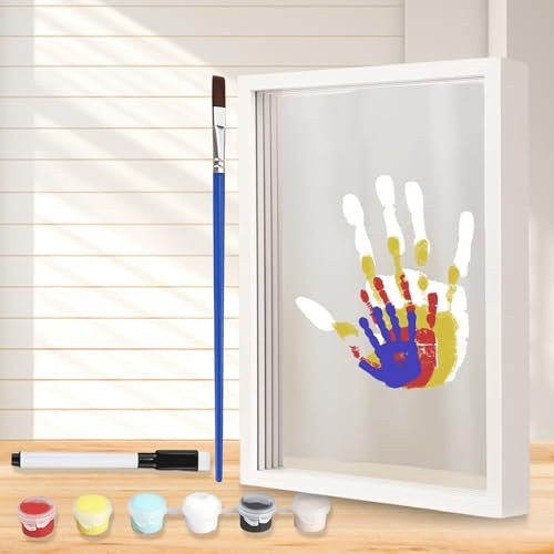 Set di impronte a mano per famiglie fai da te, cornice in legno trasparente, per impronte a mano, per neonati e famiglie, con 6 colori acrilici non tossici, perfetta promemoria, cornice fai da te