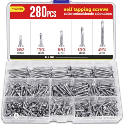 YOOPIN 280PCS Self Tapping Screws Kit, Stainless Steel Self Drilling Screws, M4.2 Assorted Phillips Head Drilling Screws Set (32mm/25mm/19mm/16mm/13mm) for Wood, Metal Sheets, Roofing Windows