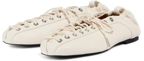 Agodor Lace-Up Ballet Flats Leather Ballerina Flat for Women Slip on Square Round Closed Toe Comfort Business Casual Daily Dress Black Shoes, Off-white, 7 UK