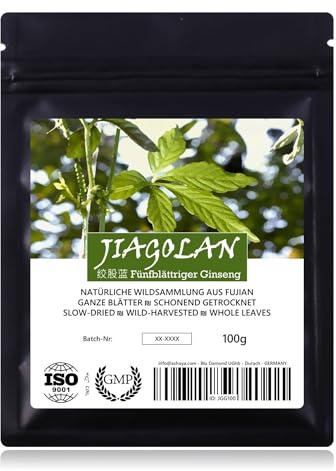 JIAOGULAN (Hierba de la Inmortalidad) - Recolección silvestre natural | Hojas enteras sin tallos | El original | Certificado GMP + ISO-9001 + analizado en lab | Secado suave | Cosecha fresca | 100g
