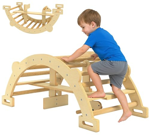AIYAPLAY Arco Montessori per Bambini 2-4 Anni Convertibile in Dondolo, Gioco Arrampicata in Legno, 110x52x45 cm, color Legno