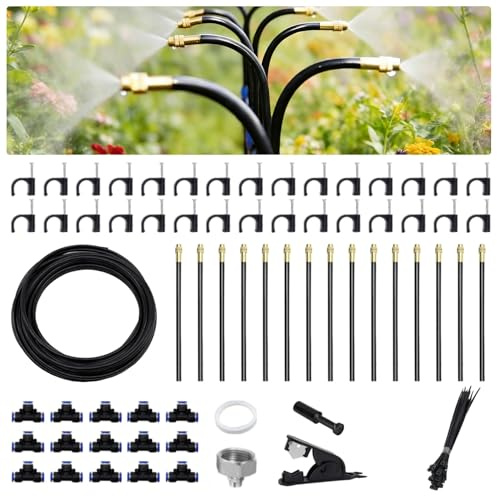 Irrigation System Kit, Aslhuioo 50FT/15M Automatic Garden Watering System 360° Adjustable Drip Irrigation Systems with Bendable Misting Nozzles for Outdoor Plants, Patio, Garden, Yard, Lawn,Greenhouse