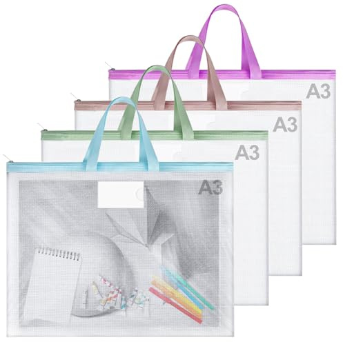 wiksite 4 Pack A3 EVA Mesh Art Folder Waterproof A3 Portfolio Case Transparent Plastic Storage Bags with Zip Painting Folder with Card Holder for Artwork, Drawings, Documents for Home & School