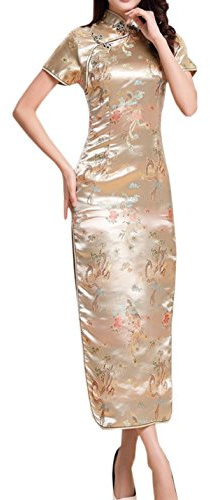 XueXian(TM) Femme Rétro Robe de Soirée Mariage Longue Cheongsam Qipao Motif Phénix et Dragon à Manche Courte