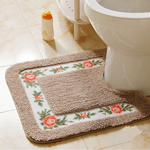 UKELER Luxurious Soft Floral Non-Slip Toilet Contour Rug, Contour Bath Rug, Soft Shaggy U-Shaped Toilet Floor Mat for Bathroom 20-By-20 Inch, Mocha