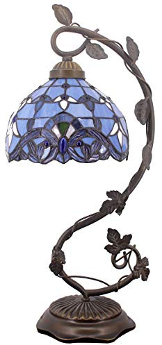 WERFACTORY Tiffany Table Lamp Blue Purple Stained Glass Baroque Style Reading Desk Light, Metal Leaf Base 8X10X21 Inches Decor Small Space Bedside Bedroom Home Office S003C Series