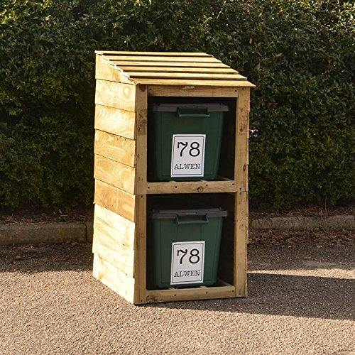 Signs & Numbers Wooden Double Recycling Bin Storage | Outdoor Bin Shed for 2 Bins | Pressure Treated Wood | 2 Free Personalised Labels | Garden Waste & Bin Store 66x60x113.5cm